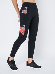 Waylene Black High-Performance Leggings with Geometric Design on Side