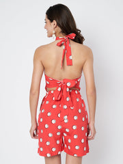 Waylene Red Polka Dot Jumpsuit with Open Back and Adjustable Ties