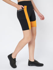 Waylene Black and Mustard Sports Shorts, side view with pocket detail