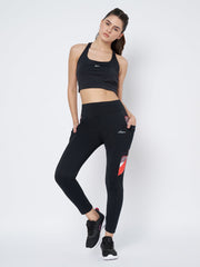 Waylene Black High-Performance Sports Leggings with Geometric Print Side Pocket