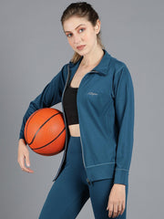 Waylene Teal Blue Sweatshirt with Full Zip and High Collar, Front View with Basketball