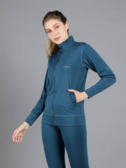 Waylene Teal Blue Sweatshirt with Full Zip and Side Pockets, Front View