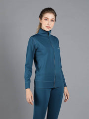 Waylene Teal Blue Sweatshirt with High Collar and Streamlined Fit, Front View