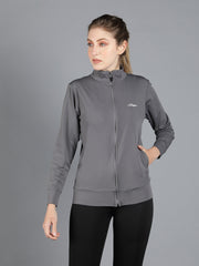 Waylene Athletic Zippered Jacket in Grey with Black Tights, designed for running and workouts.