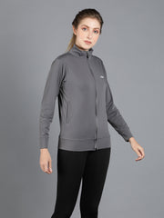 Waylene Grey Zippered Jacket and Black Leggings Set for Women's Fitness and Casual Wear.