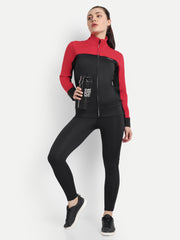 Waylene Women's Red and Black Colorblock Tracksuit for Gym and Yoga, front view with water bottle.
