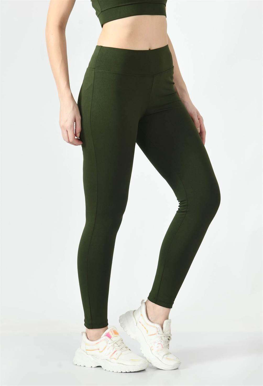 Waylene Olive Green High-Waisted Yoga Leggings with Dry-Fit and Slim-Fit design, side view.