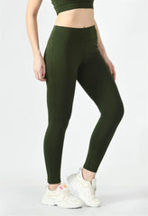 Waylene Olive Green High-Waisted Yoga Leggings, close-up of waistband with logo detail.