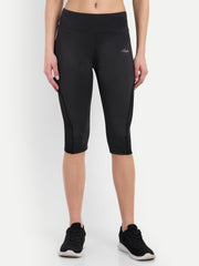 Waylene Women's Black High-Waisted Sports Capris, front view highlighting sleek fit and mesh panels.