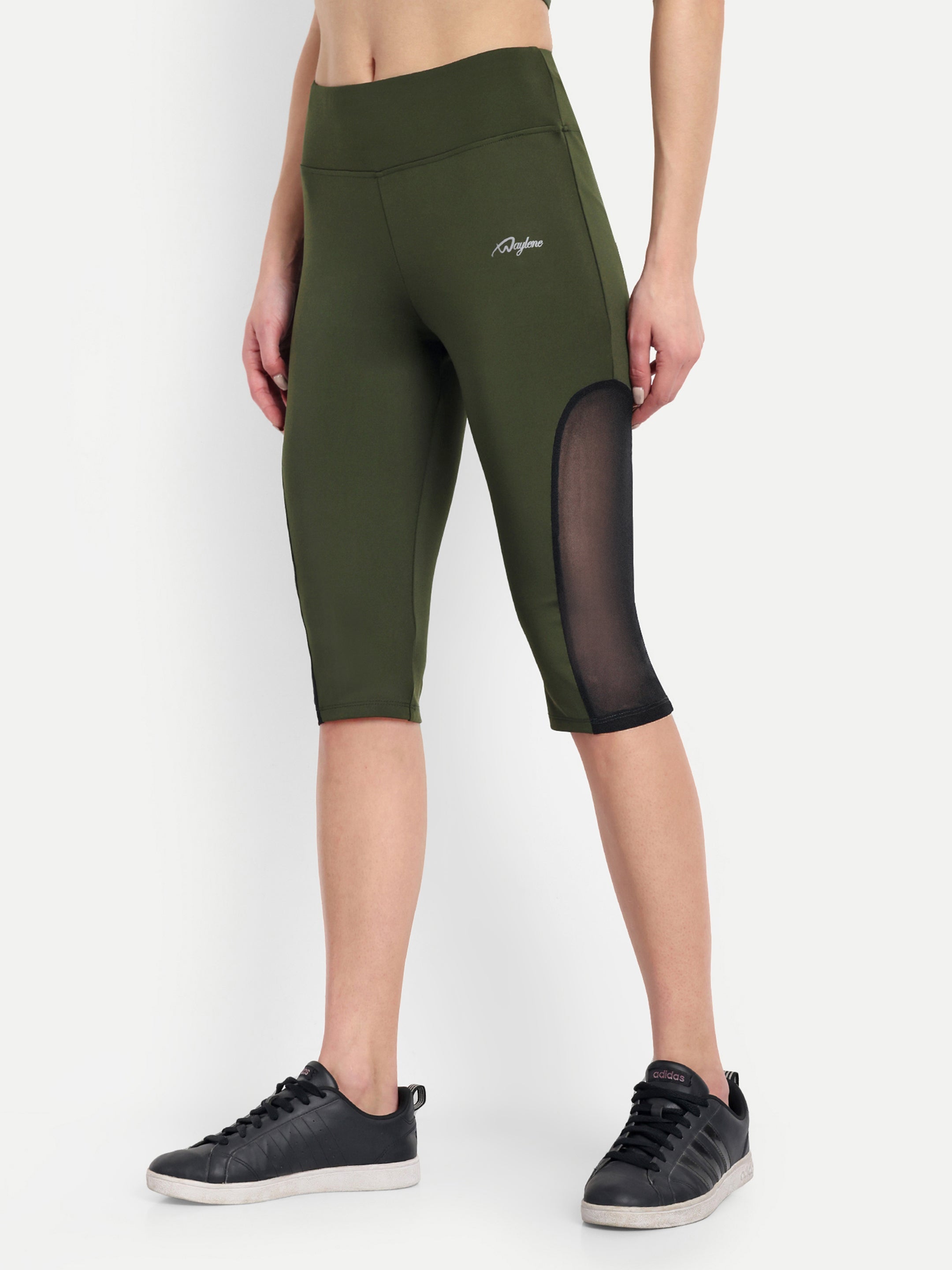 Waylene Women's Olive Green High-Waisted Sports Capris with Mesh Panels, side view