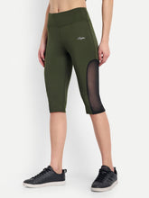 Waylene Women's Olive Green High-Waisted Sports Capris with Mesh Panels, side view