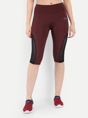 Waylene Women's Maroon High-Waisted Sports Capris, front view with mesh panels
