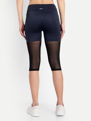 Waylene Navy Blue High-Waisted Capri Leggings with Mesh Inserts, back view.