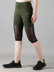 Waylene Women's Olive Green High-Waisted Capri Leggings with Rounded Mesh Side View