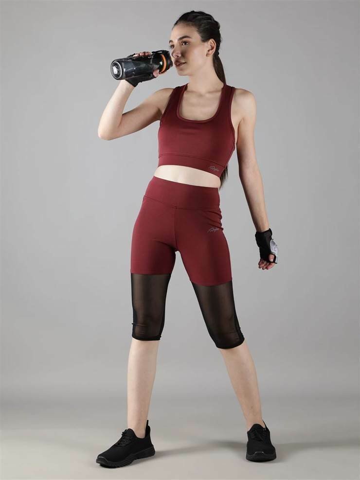 Waylene Women's Wine Color Track Suit with Capri Tights, Front View with Sports Bottle