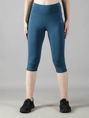Waylene Women's Teal High-Waisted Plain Sports Capris, front view highlighting sleek design and fit