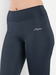 Close-up of Waylene Women's Navy Blue High-Waisted Sports Capris, showing logo detail and smooth waistband.