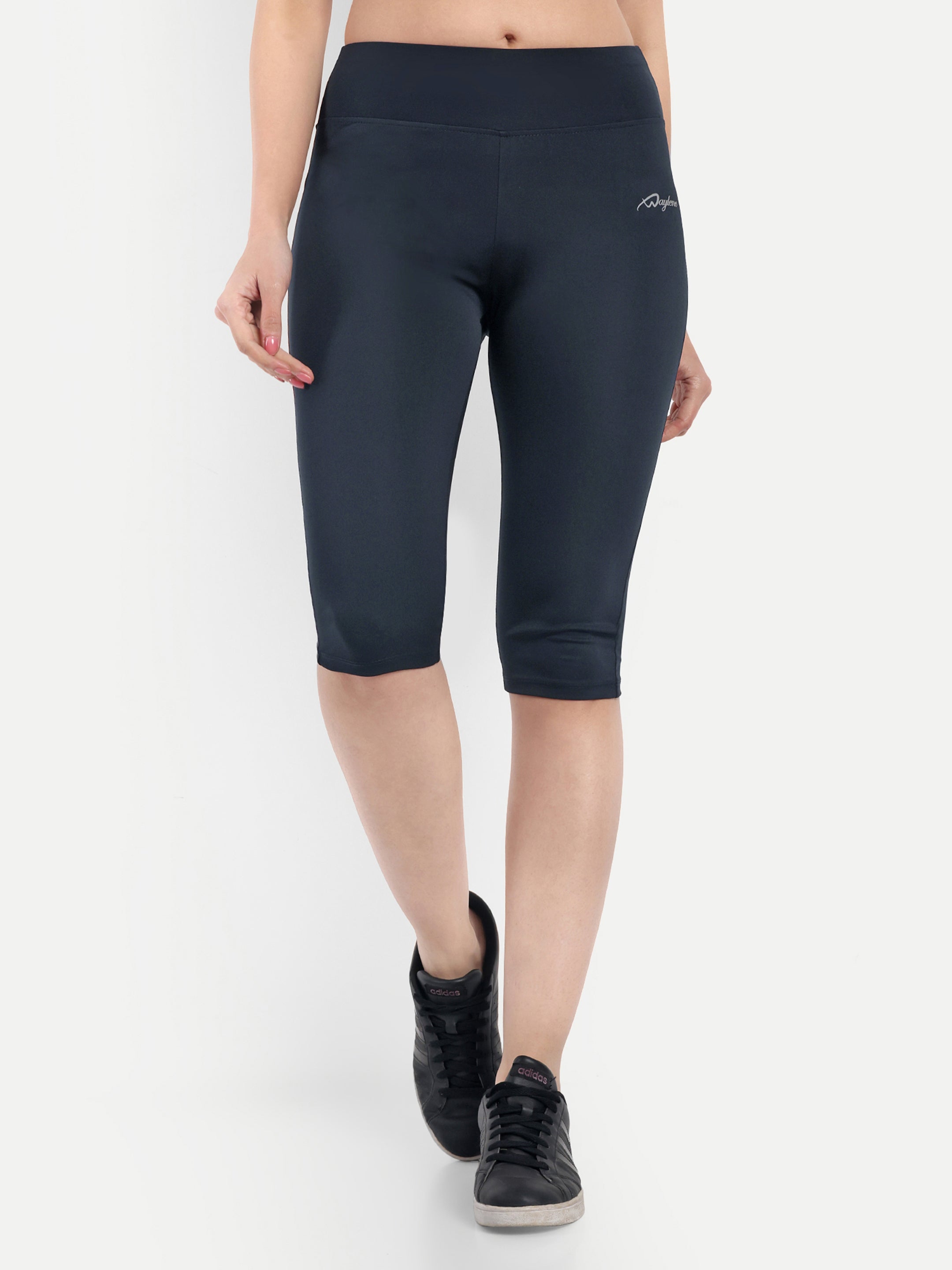 Waylene Women's Navy Blue High-Waisted Sports Capris, front view showcasing sleek design and comfortable fit.