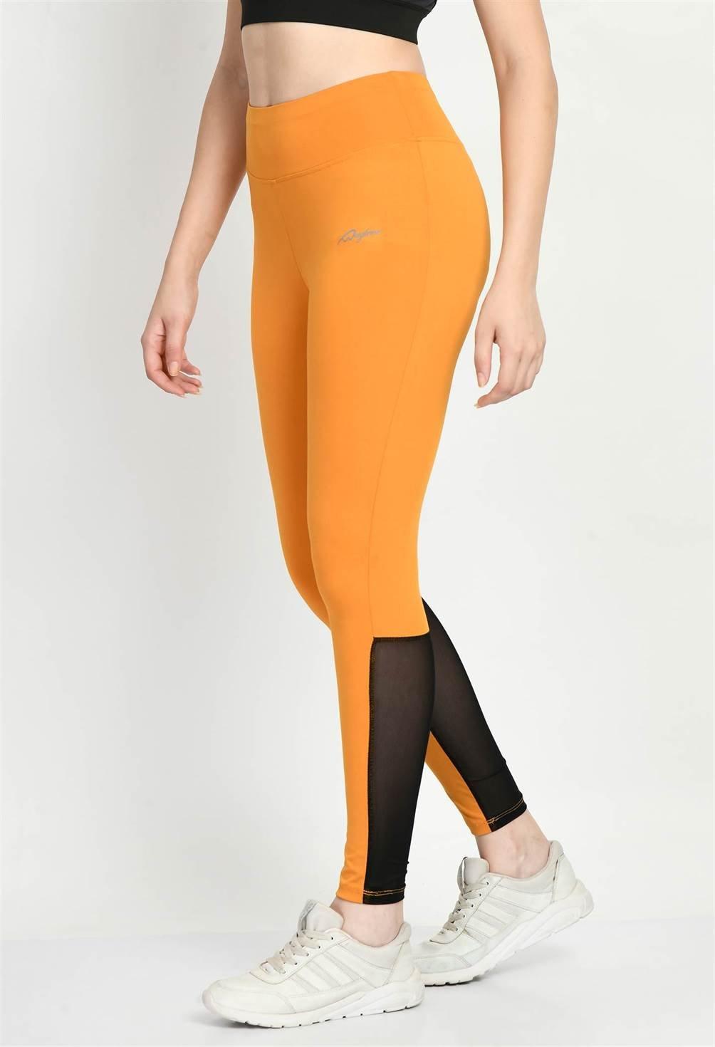 Waylene Mustard Color Block High-Waist Tights with Mesh Detail