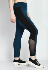 Waylene Teal Blue Color Block Tights with Black Mesh Panels and High Waist