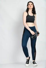 Waylene Teal Blue Workout Tights with Black Side Panels and Mesh Inserts