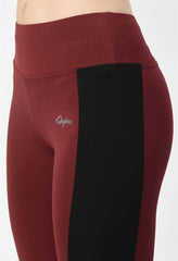 Waylene Sports Wear Color Block Wine Tights close-up showing high waistband and logo detail.