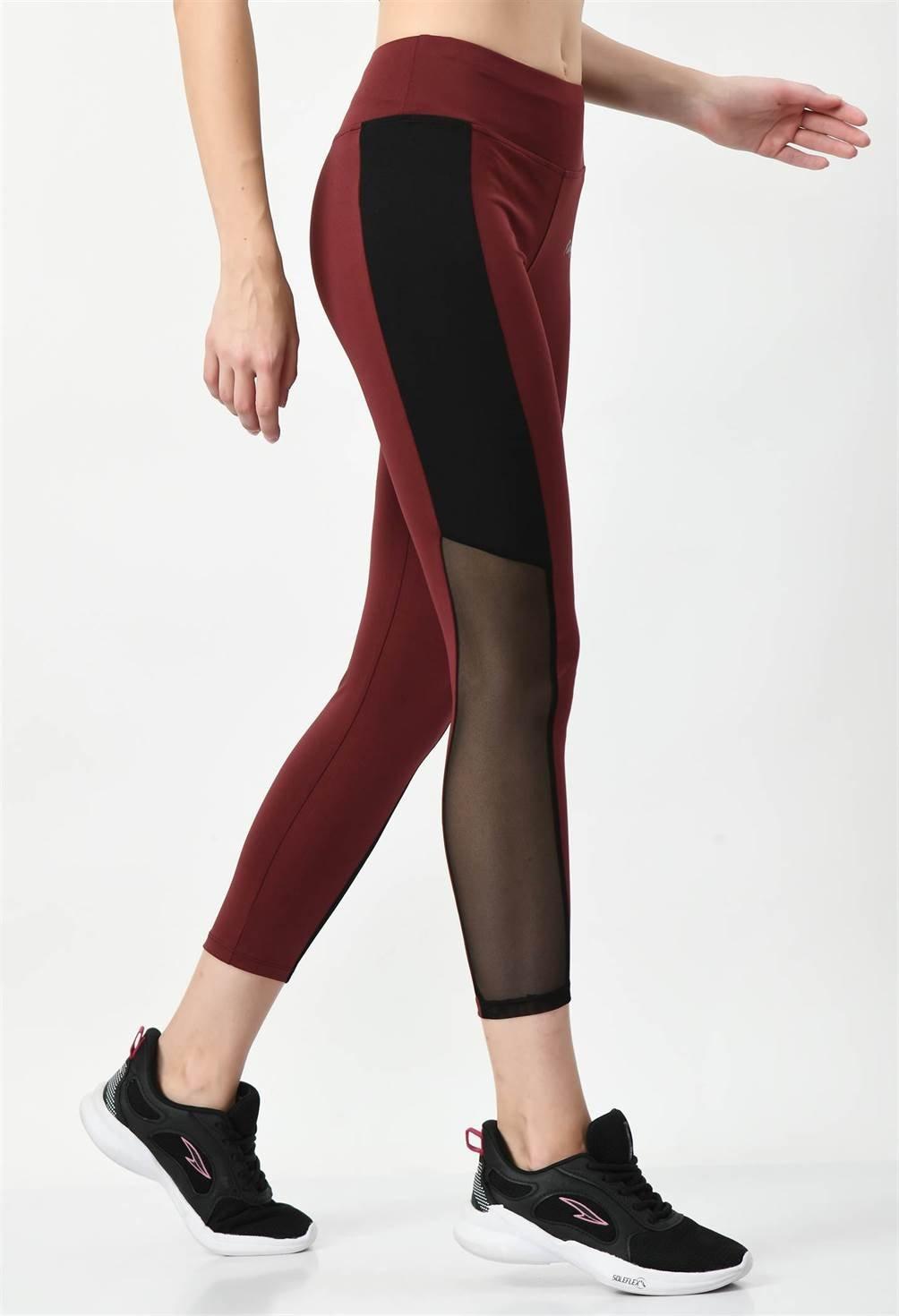 Waylene Sports Wear Color Block Wine Tights with mesh panels and black color blocks, side view.