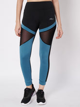 Waylene sports leggings with blue and black color block design and mesh panels.