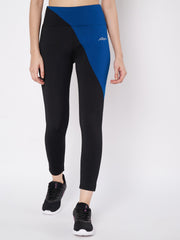 Waylene black leggings with blue color block detail, front view