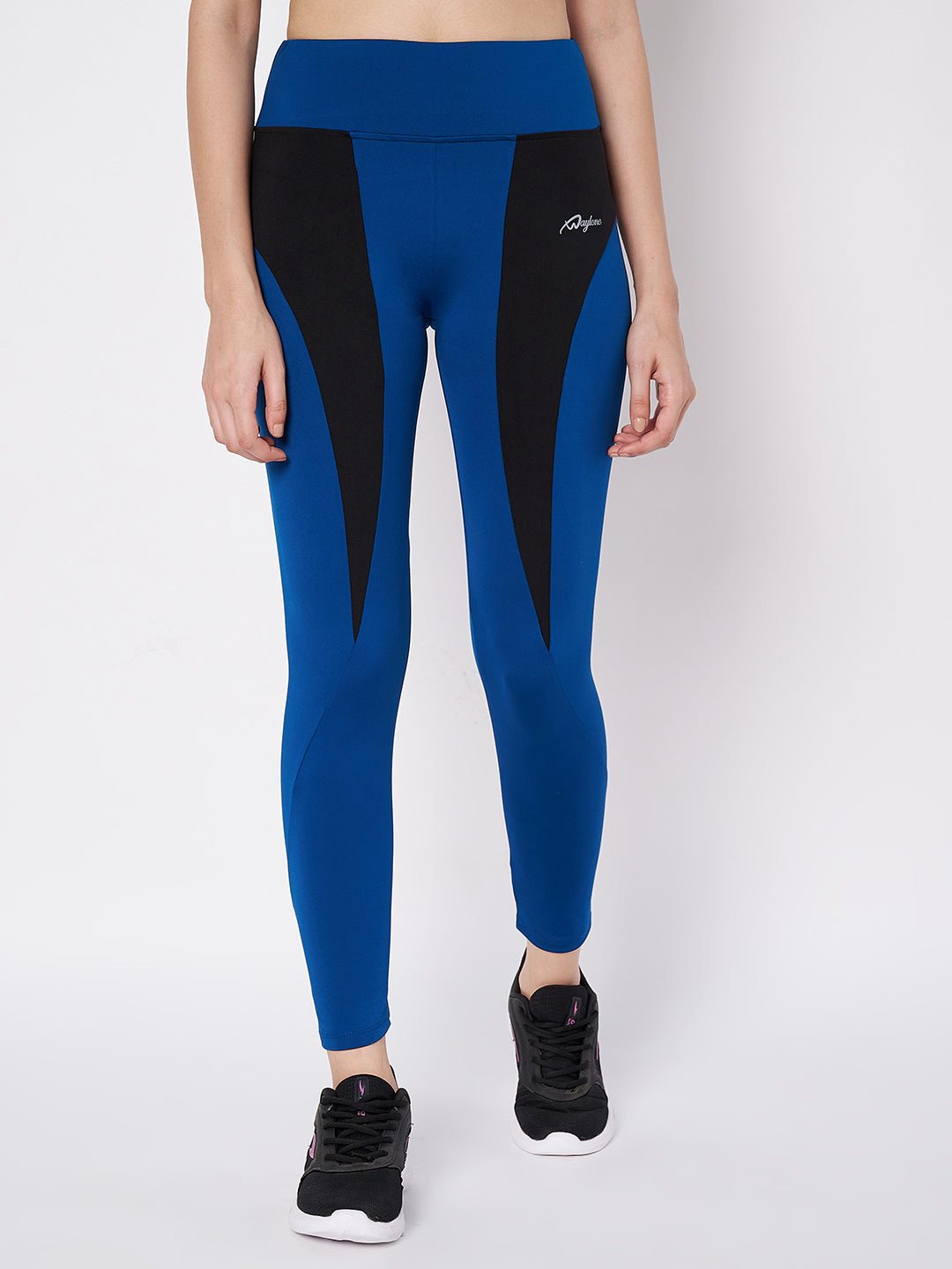 Waylene blue and black sports leggings with high waist and color block design, front view.