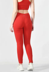 Waylene red high-waisted yoga leggings back view highlighting seamless fit.