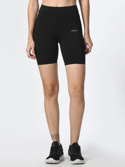 Waylene Black Shorts, close-up front view, highlighting sleek design and logo detail.