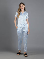 Waylene Light Blue Polka Dot Satin PJ Set, close-up of button-down shirt with notched collar.