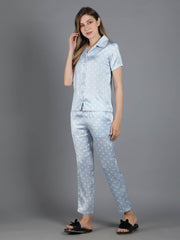 Waylene Light Blue Polka Dot Satin PJ Set, close-up of elastic waistband and side pocket.