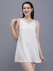 Waylene White Sleeveless Night Dress with Lace Trim V-Neck
