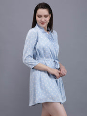 Waylene Light Blue Polka Dot Night Suit with V-Neck and Tie Waist