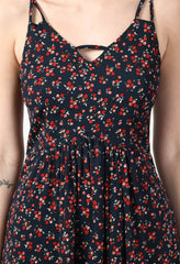 Waylene Dark Blue Floral Booti Print A-Line Dress close-up of floral pattern and neckline