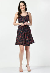 Waylene Dark Blue Floral Booti Print A-Line Dress front view