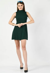 Waylene Dark Green Sleeveless A-Line Dress with High Neck