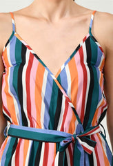 Close-up of Waylene Multi-Color Striped Jumpsuit with Wrap Front