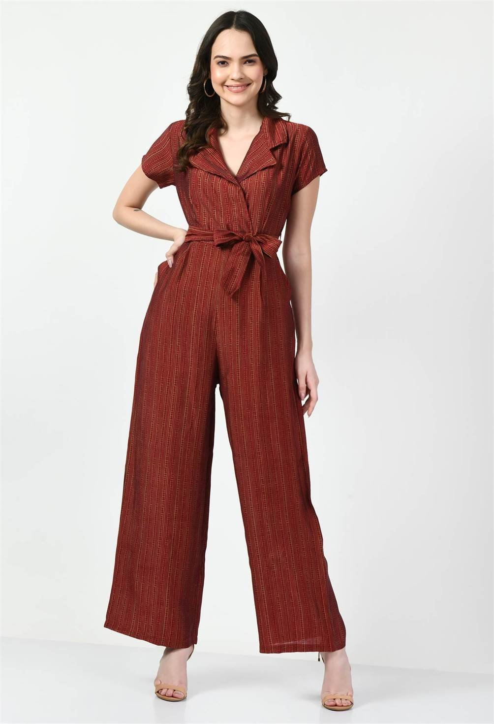 Waylene Striped Red Collared Jumpsuit with V-Neck and Short Sleeves