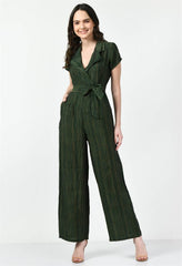 Waylene Striped Green Collared Jumpsuit with Belted Waist and Short Sleeves