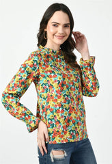 Waylene Floral Top with Ruffled Neckline and Vibrant Pattern