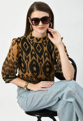 Waylene Peach High-Neck Geometric Print Western Top with Sunglasses