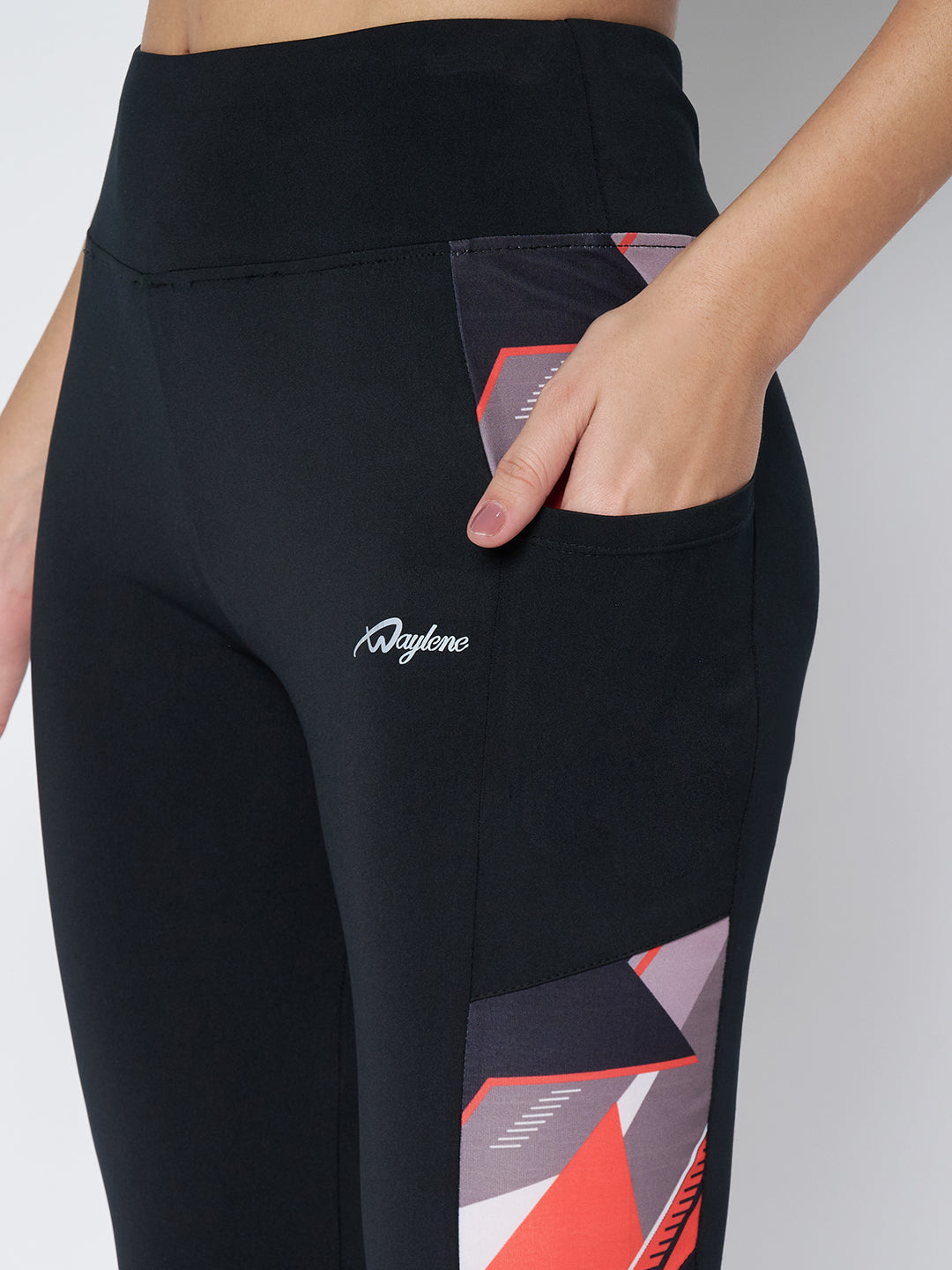 Waylene Black Leggings with Close-Up of Geometric Print and Pocket