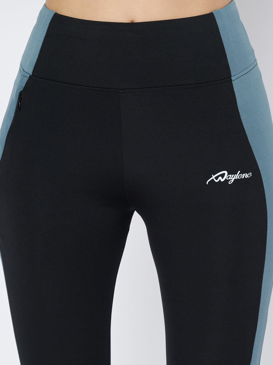 Close-Up of Waylene Black High-Waist Leggings with Logo and Blue Side Panel