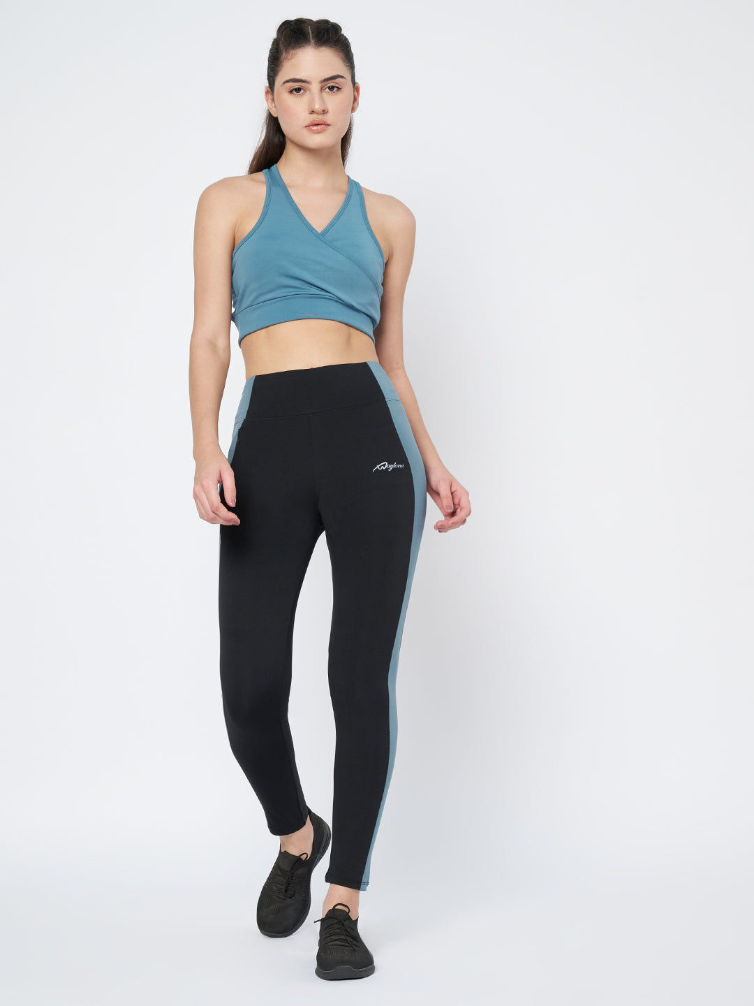Front View of Waylene Women's Black High-Waist Leggings with Blue Side Panel