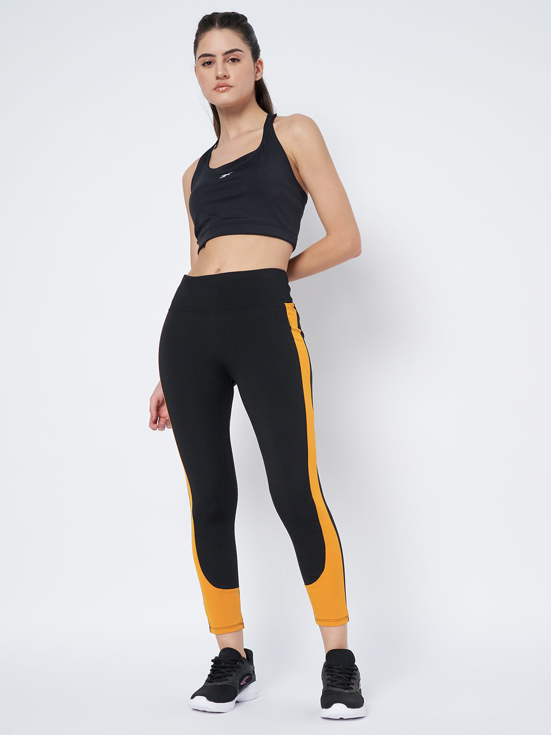 Waylene Black and Mustard Gym Tights with Athletic Fit