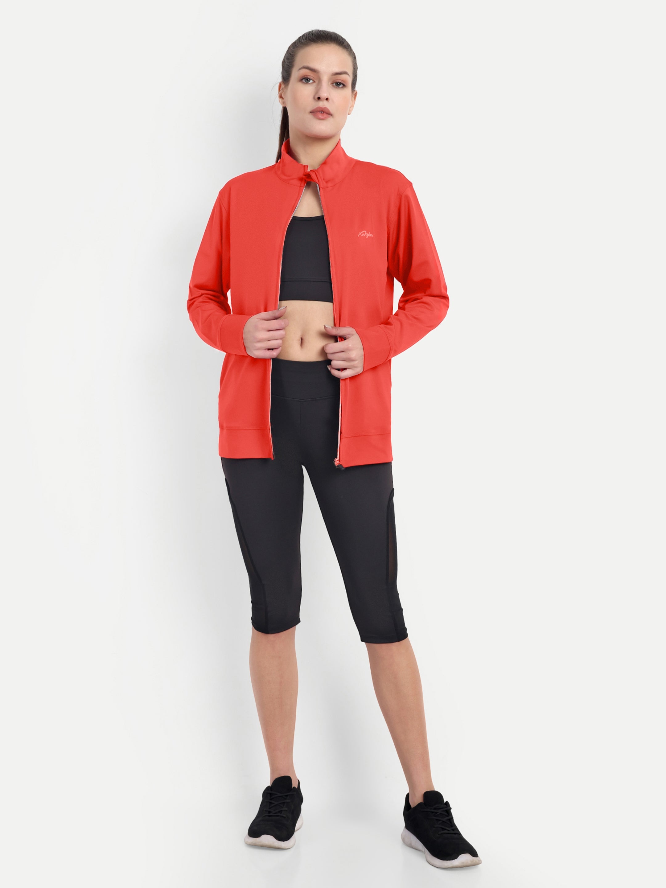 Waylene Red Jacket open front view displaying inner black sportswear