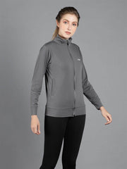 Close-up of Waylene Grey Sweatshirt with Subtle Logo on Chest